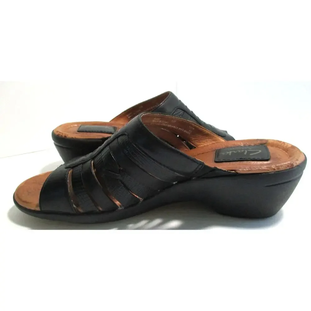 Clarks Artisan Women's Black Leather Slide Sandals #83443 Size 7.5M